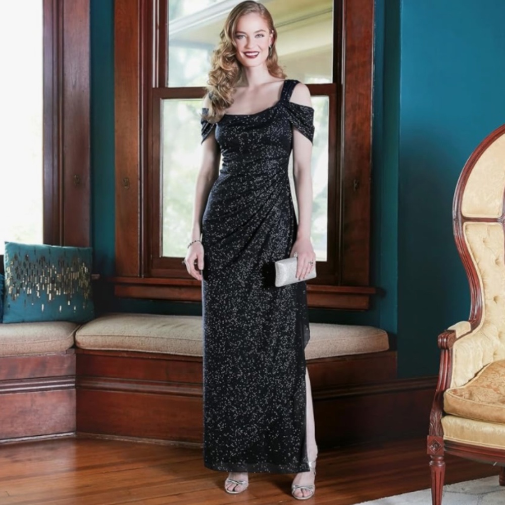 Alex Evenings Cold Shoulder Glitter Mesh Black Dress Draped Skirt Cowl Neckline